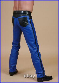 Men's Real Leather Bikers 5 Pockets Royal Blue & Black Leather Contrast Pants