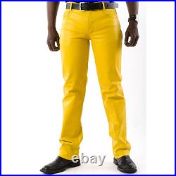 Men's Real Leather Bikers 5 Pockets Yellow Leather 501 Style Pants Bikers Pants