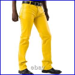 Men's Real Leather Bikers 5 Pockets Yellow Leather 501 Style Pants Bikers Pants