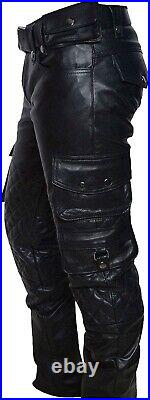 Men's Real Leather Bikers Cowhide Schwarz Jeans Trouser Padded Cargo Pocket Pant