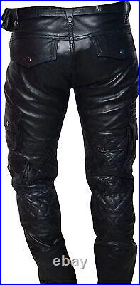 Men's Real Leather Bikers Cowhide Schwarz Jeans Trouser Padded Cargo Pocket Pant
