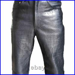 Men's Real Leather Bikers Jeans Pants Black Alligator Crocodile Print Trousers