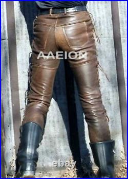 Men's Real Leather Bikers Laces Up Pants Vintage/Distressed Look Pants+FREE BELT