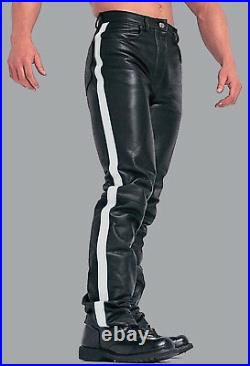Men's Real Leather Bikers Pants 501 Style Bikers Pants Red/Blue/White Stripes