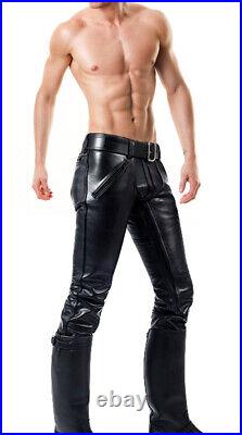 Men's Real Leather Bikers Pants Double Zips Pants With / W. OUT B. ZIP BLUF Pants