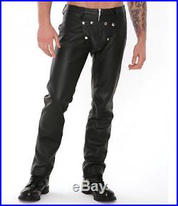 Men's Real Leather Bikers Pants Gay Leather Pants With Detachable Front Pouch
