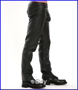 Men's Real Leather Bikers Pants Gay Leather Pants With Detachable Front Pouch