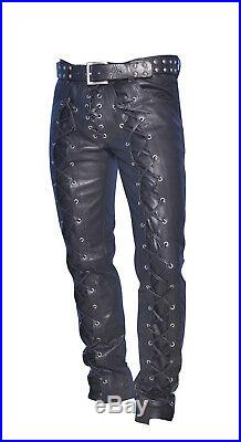Men's Real Leather Bikers Pants Laces Up Front And Back Leather Pants