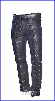 Men's Real Leather Bikers Pants Laces Up Front And Back Leather Pants X78
