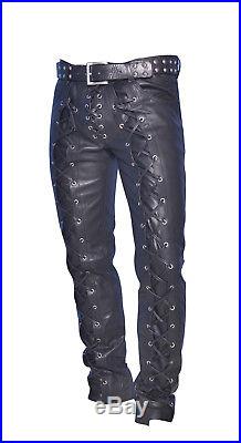 Men's Real Leather Bikers Pants Laces Up Front And Back Pants Laces Up Trousers