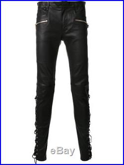 Men's Real Leather Bikers Pants Laces Up Pants Laces Up Trousers + FREE GIFT
