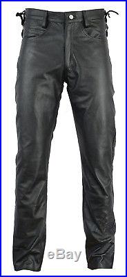 Men's Real Leather Bikers Pants Laces Up Waist Pants WITH FREE LEATHER BELT
