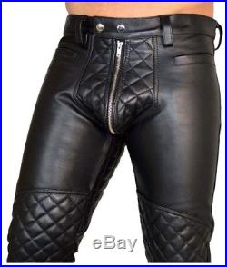 Men's Real Leather Bikers Pants Leather Gay Interest Pants With Quilted Panels