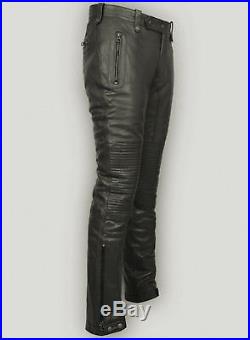 Men's Real Leather Bikers Pants Leather Quilted Knees Panels Bikers Pants