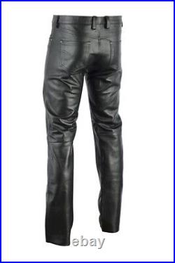 Men's Real Leather Bikers Pants Levis 501 Style Leather Pants Bikers Pants Black