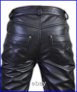 Men's Real Leather Bikers Pants Levis 501 Style Leather Pants Bikers Pants Black