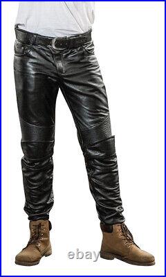 Men's Real Leather Bikers Pants Padded Knees Pants Real Leather Motorcycle Pants