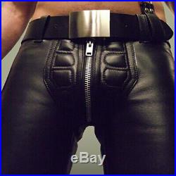Men's Real Leather Bikers Pants Quilted Panel Front Pants