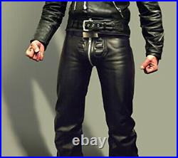 Men's Real Leather Bikers Pants Quilted Panel Front Pants Limo Style