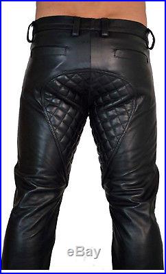 Men's Real Leather Bikers Pants Quilted Panels Leather Pants With FREE BELT