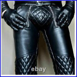 Men's Real Leather Bikers Pants Quilted Panels Slim Fit Bikers Leather Trousers