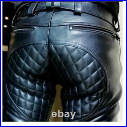 Men's Real Leather Bikers Pants Quilted Panels Slim Fit Bikers Leather Trousers