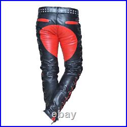 Men's Real Leather Bikers Pants Side And Front Laces Up Contrast Leather Pants