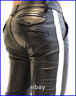 Men's Real Leather Bikers Pants Side Contrast Leather Stripes Pants BLUF Pants