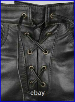 Men's Real Leather Bikers Pants Side & Front Laces Up Bikers Pants Trousers Blac
