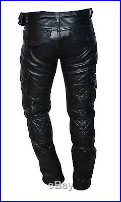 Men's Real Leather Bikers Pants With Quilted Panels And Cargo Pockets M. TO. ORDER