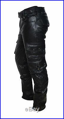 Men's Real Leather Bikers Pants With Quilted Panels And Cargo Pockets Trousers