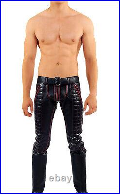 Men's Real Leather Bikers Pants With Quilted Panels And Color Piping BLUF Pants