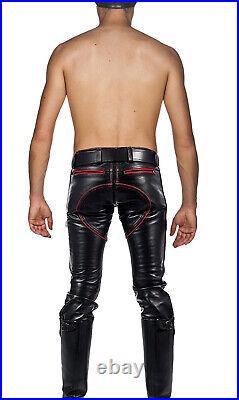 Men's Real Leather Bikers Pants With Quilted Panels And Color Piping BLUF Pants