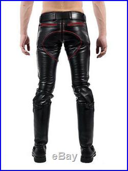 Men's Real Leather Bikers Pants With Quilted Panels Color Piping BLUF Pants