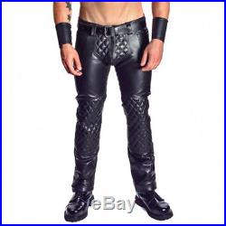 Men's Real Leather Bikers Pants With Quilted Panels Leather Quilted Panel Pants