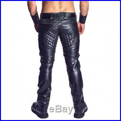 Men's Real Leather Bikers Pants With Quilted Panels Leather Quilted Panel Pants