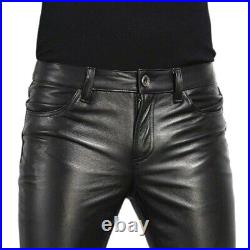 Men's Real Leather Black Pants with Zipper Sheep/Lambskin Leather Trouser