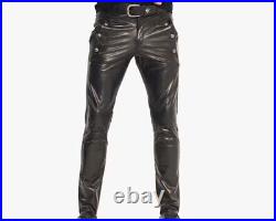 Men's Real Leather Black Pants with Zipper Sheep/Lambskin Leather Trouser