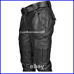 Men's Real Leather Cargo Pant Black Jeans Retro Motorbike Leather Pants Trousers