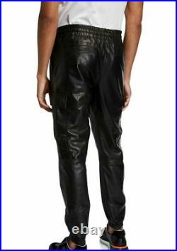 Men's Real Leather Cargo Pants Trouser Bikers Jeans Jogging Schwarz Lederhosen