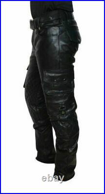 Men's Real Leather Cargo Quilted Panel Trousers Leather Breeches BLUF Pant