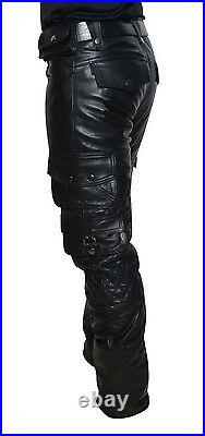 Men's Real Leather Cargo Quilted Panels Pants Bikers Cargo Pants