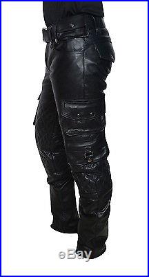 Men's Real Leather Cargo Quilted Panels Pants Bikers Cargo Quilted Pants