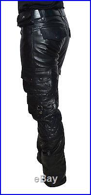 Men's Real Leather Cargo Quilted Panels Pants Bikers Cargo Quilted Pants
