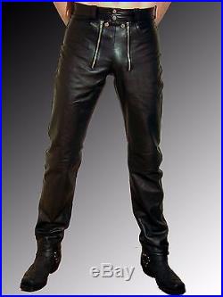 Men's Real Leather Carpenter Pants Gay Trousers 501 Style Leather Pants