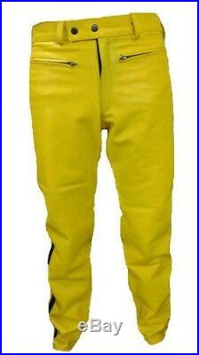 Men's Real Leather Cowhide Bikers Yellow Leather Pants With Contrast Panels