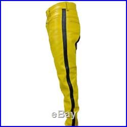 Men's Real Leather Cowhide Bikers Yellow Leather Pants With Contrast Panels