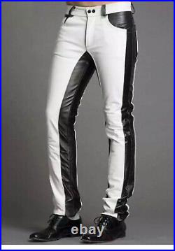 Men's Real Leather Designer Pants Jeans Trousers White and Black Panels