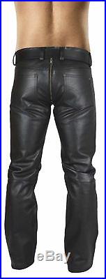Men's Real Leather Gay Pants Double Slider Zip Leather Pants Front And Back Zips