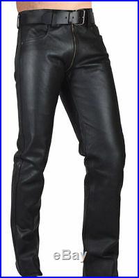 Men's Real Leather Gay Pants Double Slider Zip Leather Pants Front And Back Zips